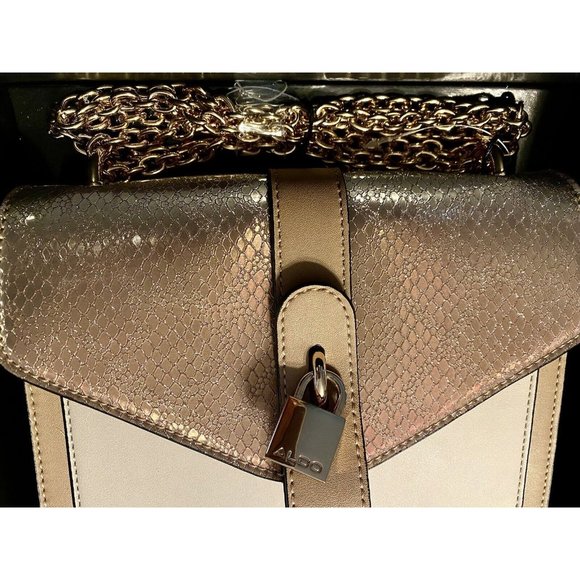 Aldo Tan And Beige 8.5x6x4 Inch Handbag With Gold Chain And Lock In Original Box - Picture 2 of 8